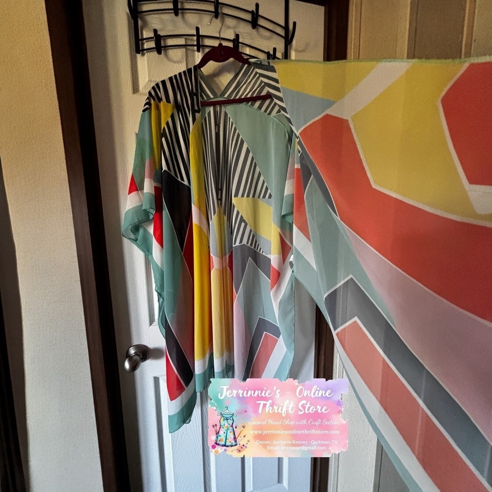 Geometric Print Sheer Kimono Wrap Multicolor Striped Open Front Cover Up XL - Picture 3 of 5